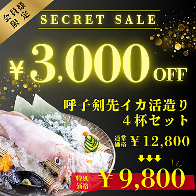 《シークレットセール》★3,000円OFFの特別価格!★【呼子】剣先イカ活造り<約180g> 4杯セット