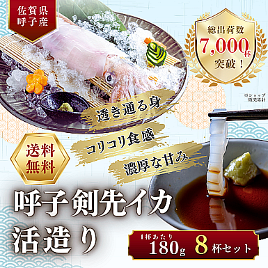 《送料無料》【呼子】剣先イカ活き造り<約180g>8杯セット